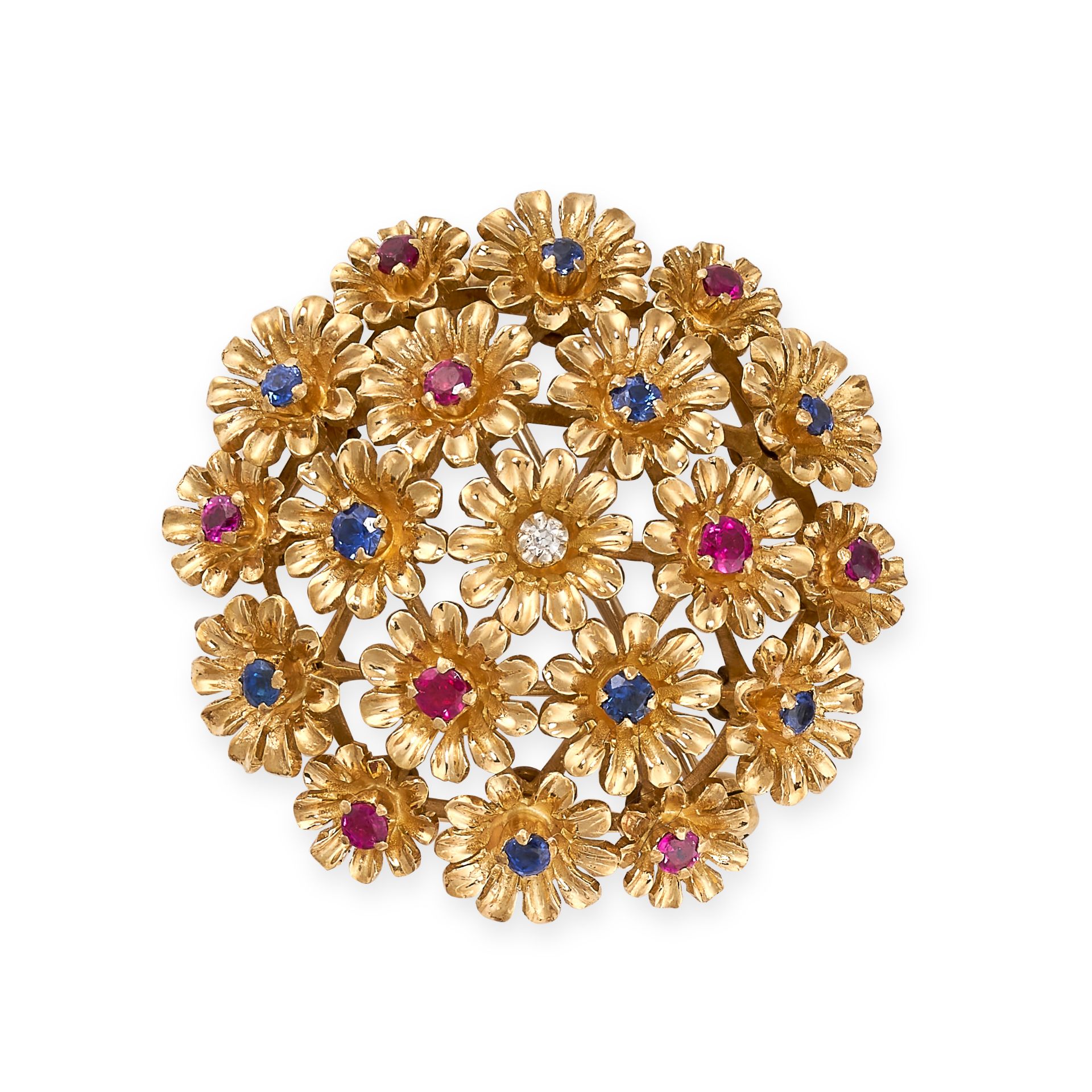 A VINTAGE RUBY, SAPPHIRE AND DIAMOND BROOCH in 18ct yellow gold, the circular body with