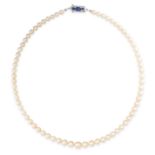 A PEARL AND SAPPHIRE NECKLACE in 18ct white gold, comprising a single row of sixty-nine graduated