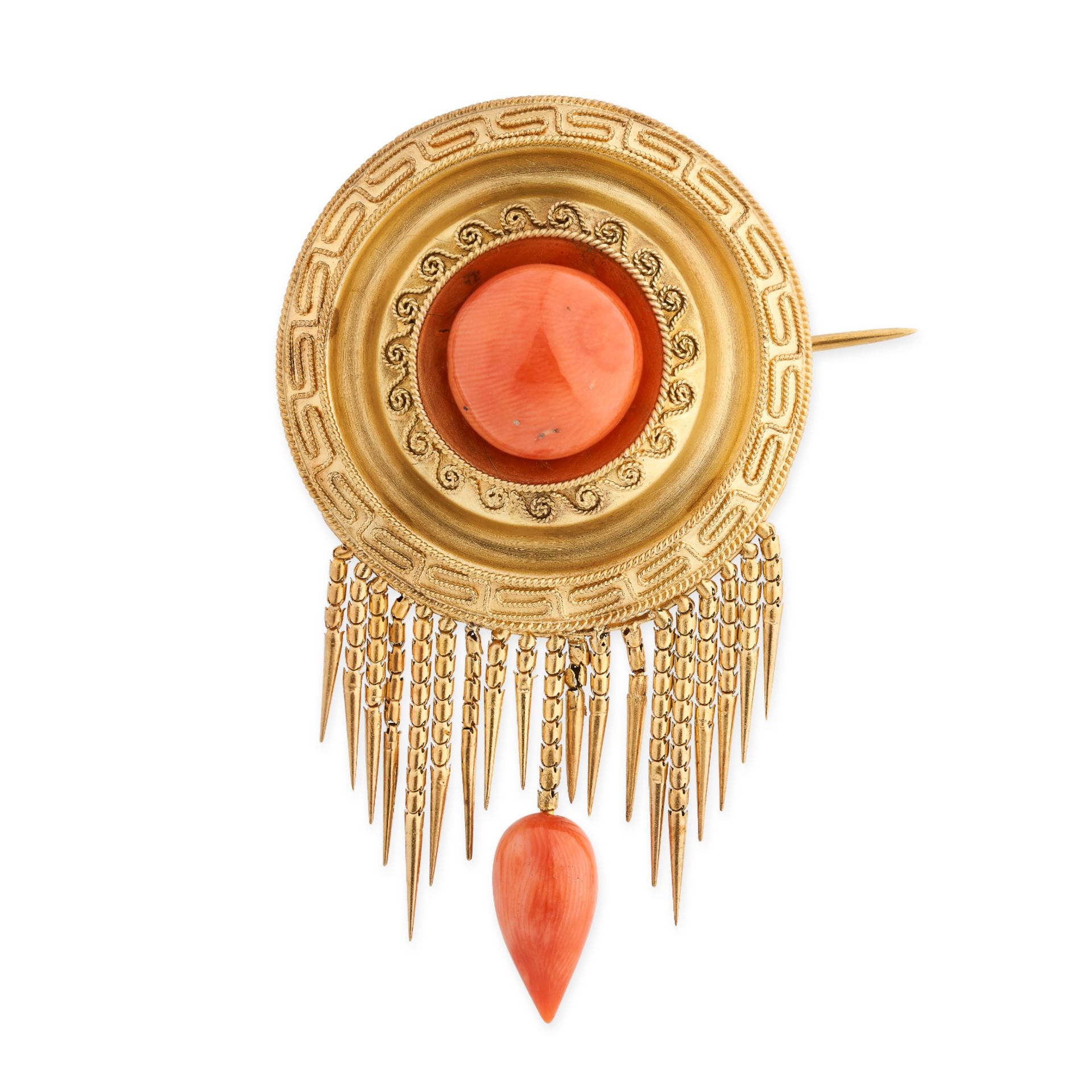 AN ANTIQUE CORAL TASSEL BROOCH, 19TH CENTURY in yellow gold, the circular body set to the centre