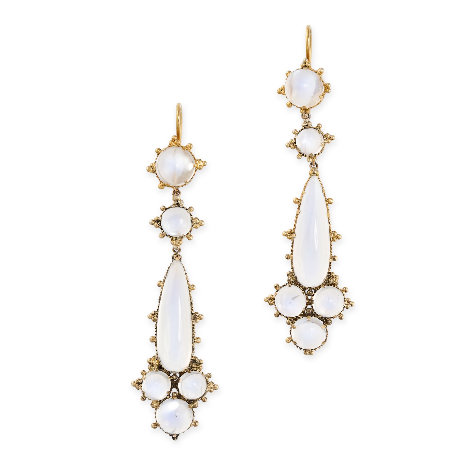 A PAIR OF ANTIQUE MOONSTONE EARRINGS in yellow gold, each of articulated design, set with round