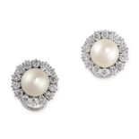 A PAIR OF PEARL AND DIAMOND CLIP EARRINGS in 18ct white gold, each set with a pearl of 9.2mm (