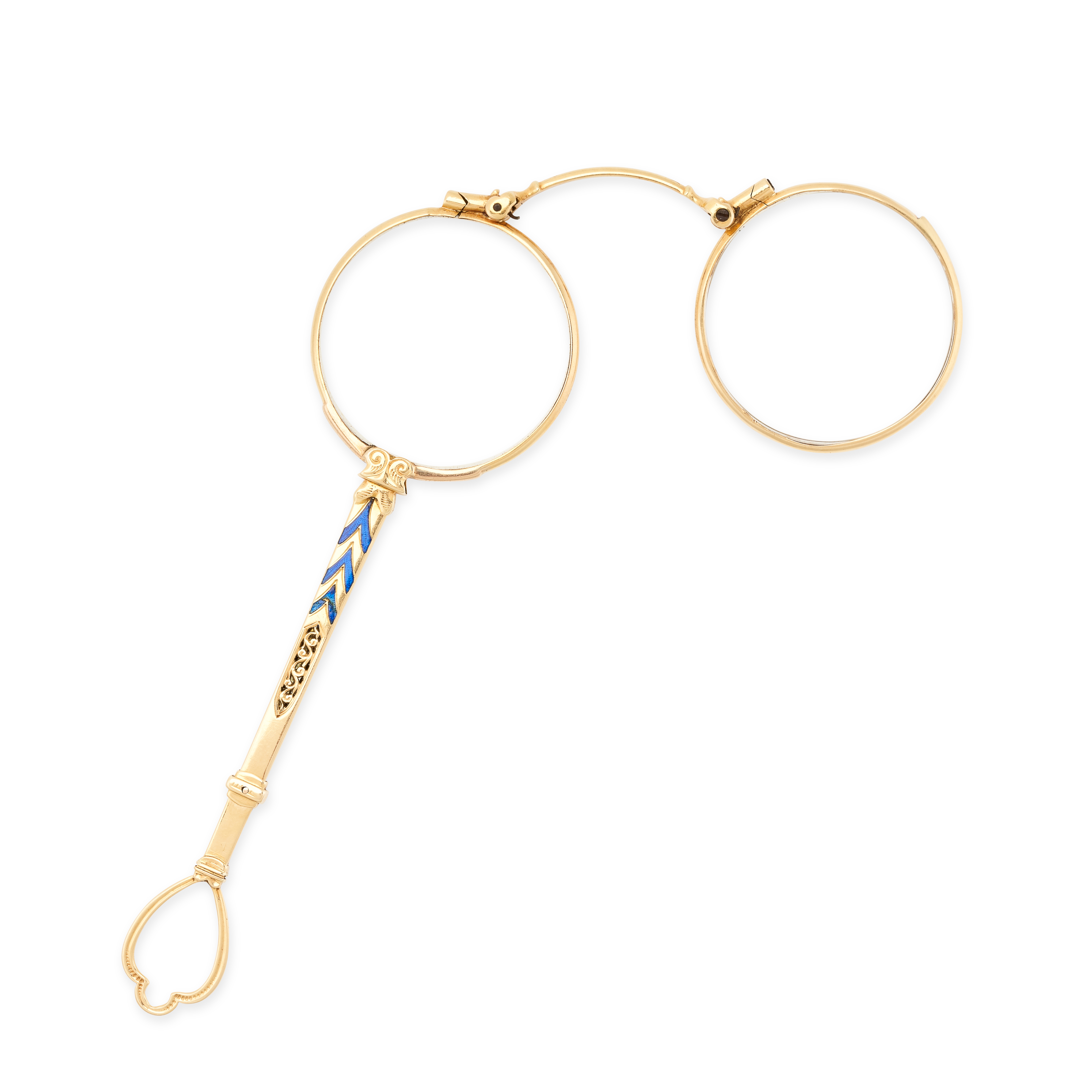 AN ENAMEL LORGNETTE, EARLY 20TH CENTURY in 14ct yellow gold, the tapering bangle with blue enamel