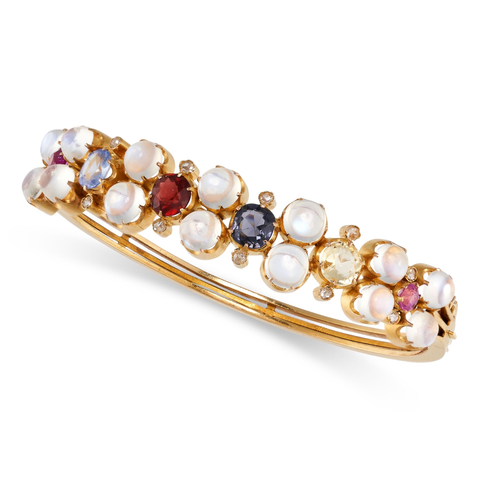 A MOONSTONE, SAPPHIRE AND DIAMOND BANGLE in yellow gold, the hinged body set with round cabochon