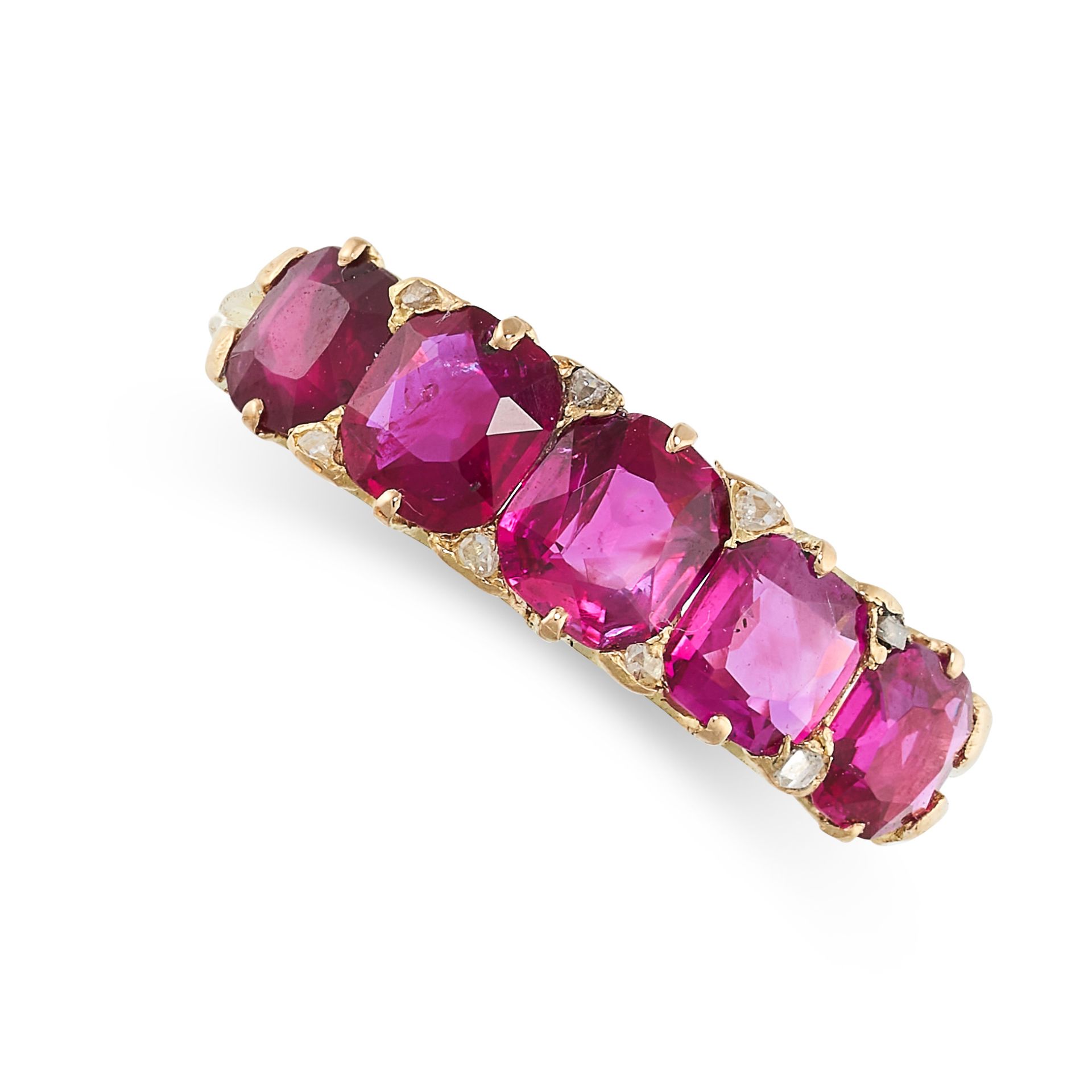 AN ANTIQUE BURMA NO HEAT RUBY AND DIAMOND RING in yellow gold, set with five graduated cushion cut