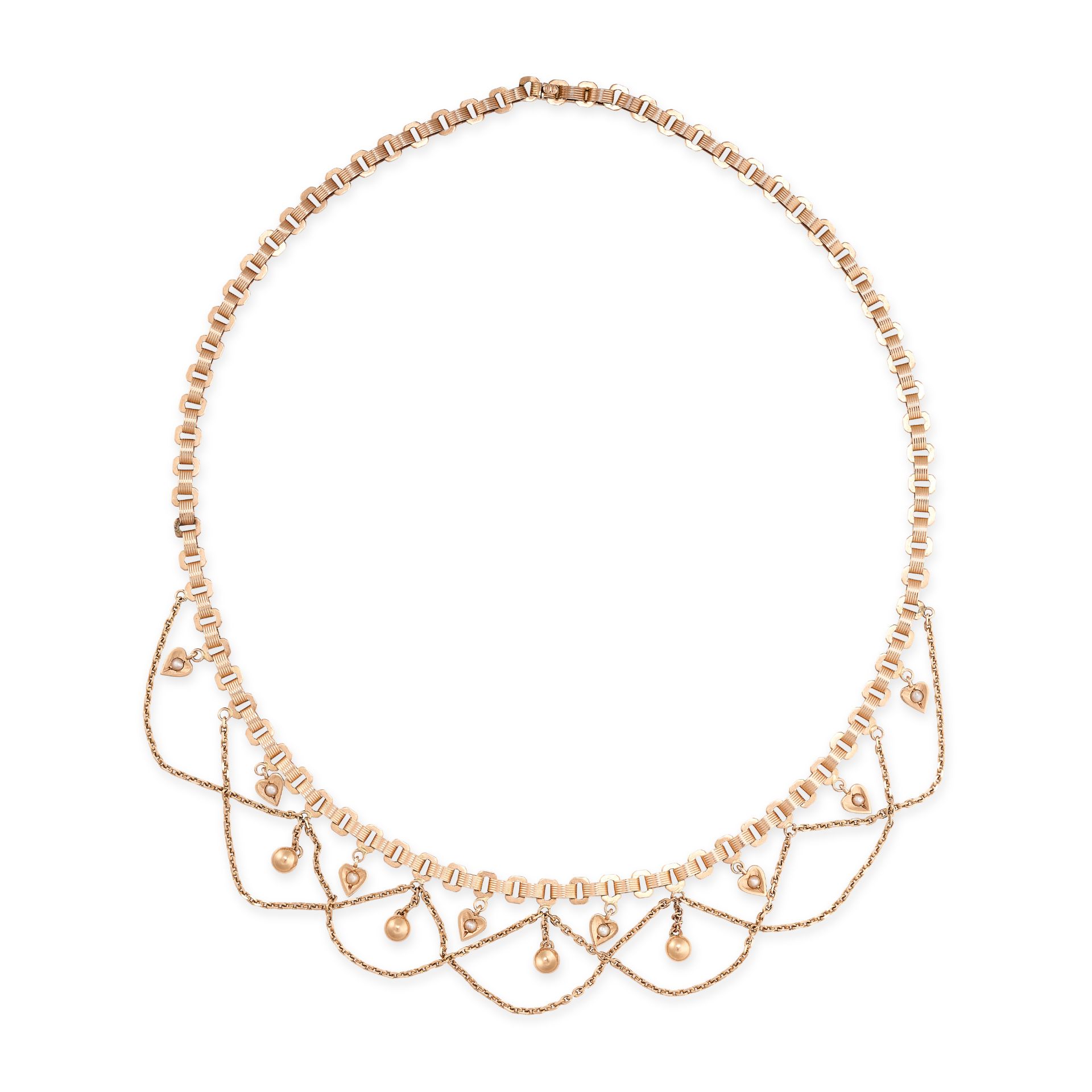 AN ANTIQUE PEARL FRINGE NECKLACE in yellow gold, the fancy link necklace suspending a series of