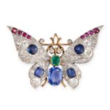 AN EXQUISITE SAPPHIRE, RUBY, EMERALD AND DIAMOND BUTTERFLY BROOCH in yellow gold and platinum,