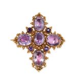 AN ANTIQUE AMETHYST CROSS BROOCH, 19TH CENTURY in yellow gold, set with five oval cut foiled