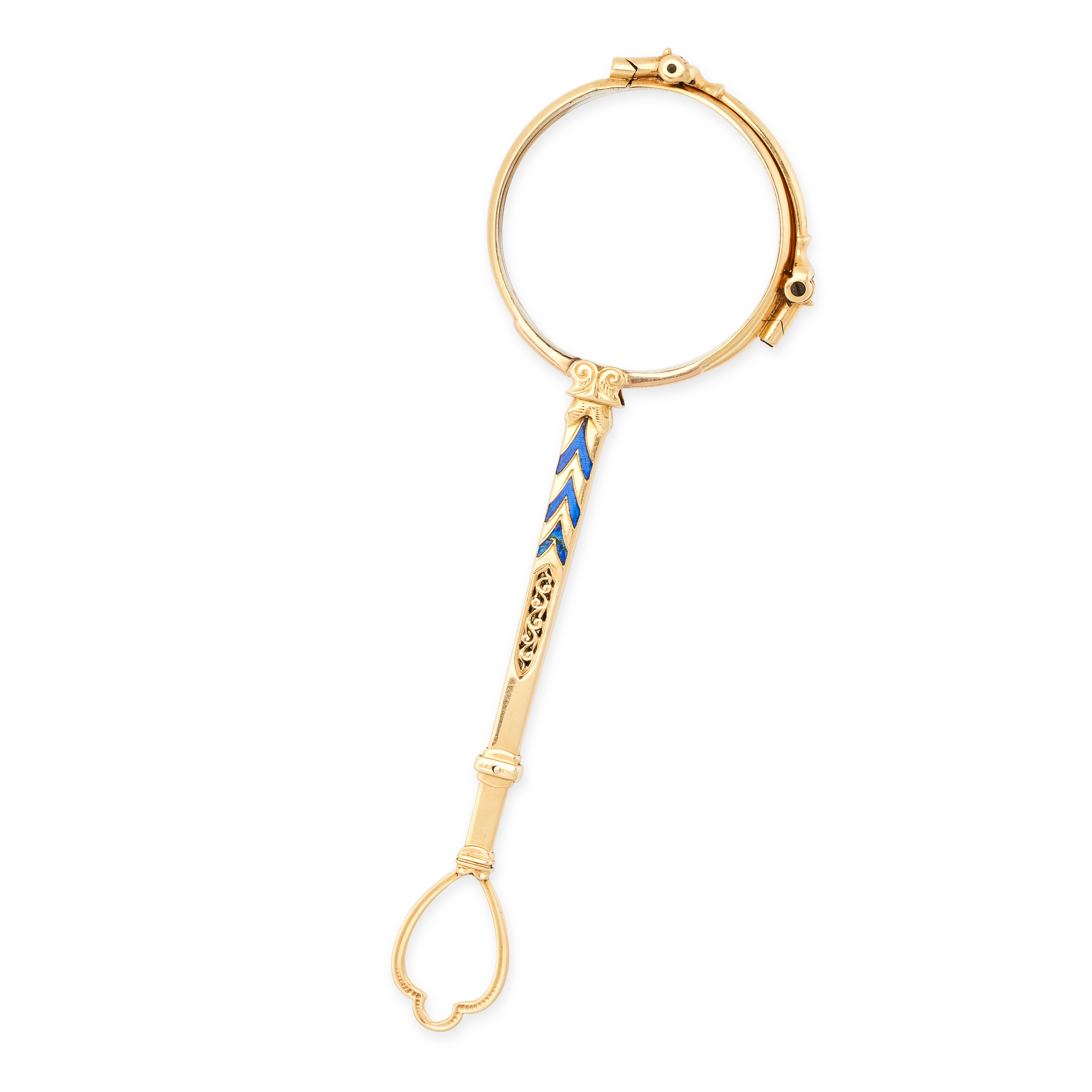 AN ENAMEL LORGNETTE, EARLY 20TH CENTURY in 14ct yellow gold, the tapering bangle with blue enamel - Image 2 of 2