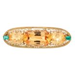 AN ANTIQUE IMPERIAL TOPAZ AND EMERALD BROOCH, TIFFANY & CO in 18ct yellow gold, set with a trio of