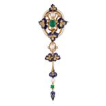 AN EXQUISITE ANTIQUE COLOMBIAN EMERALD, NATURAL PEARL, DIAMOND AND ENAMEL BROOCH in high carat