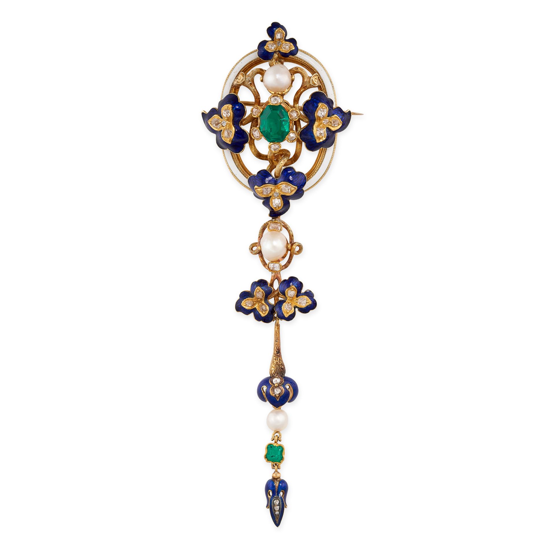 AN EXQUISITE ANTIQUE COLOMBIAN EMERALD, NATURAL PEARL, DIAMOND AND ENAMEL BROOCH in high carat