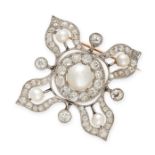 A PEARL AND DIAMOND BROOCH set with a central pearl of 9.0mm x 8.7mm within a border of old cut