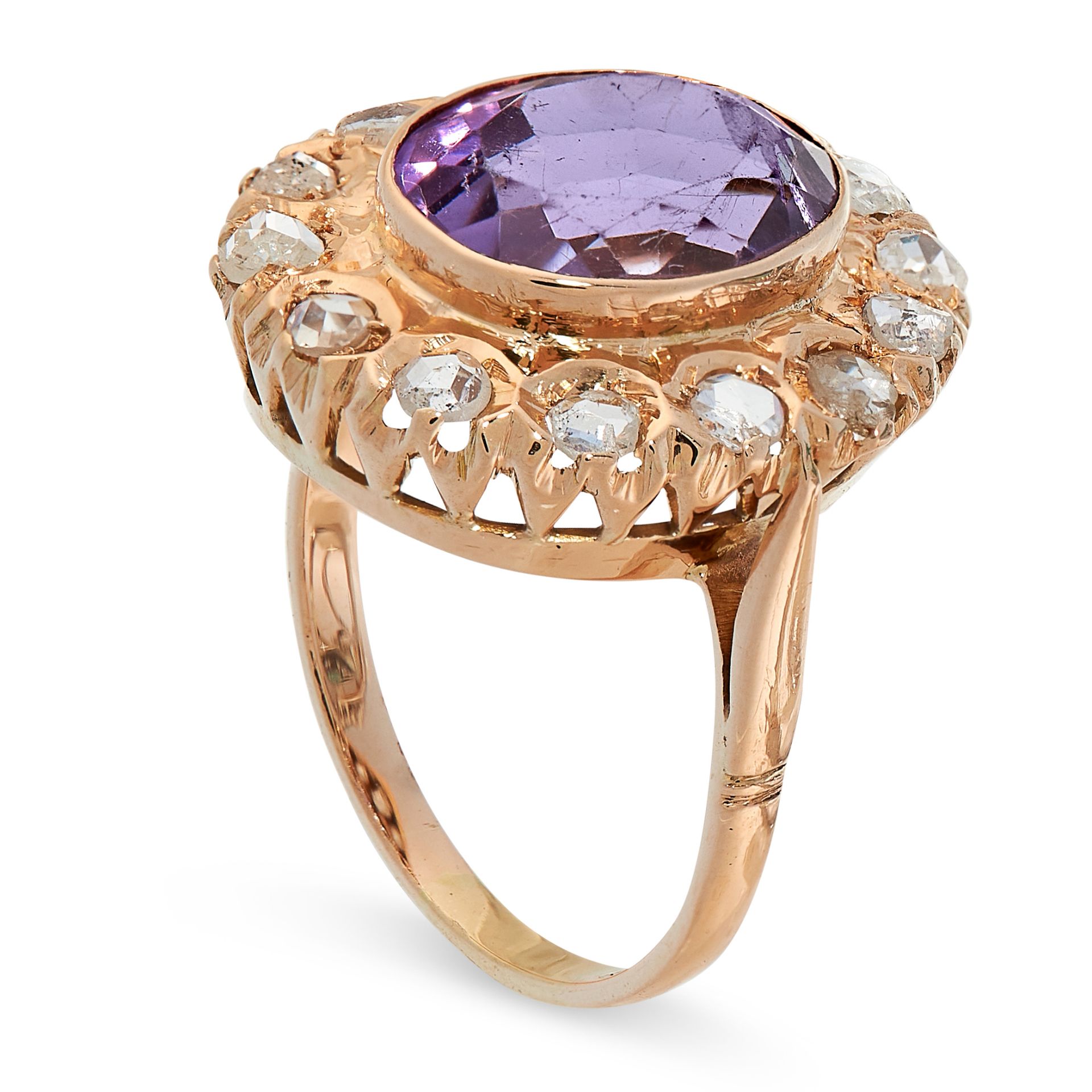 AN AMETHYST AND DIAMOND DRESS RING in yellow gold, set with an oval cut amethyst within a border - Image 2 of 2