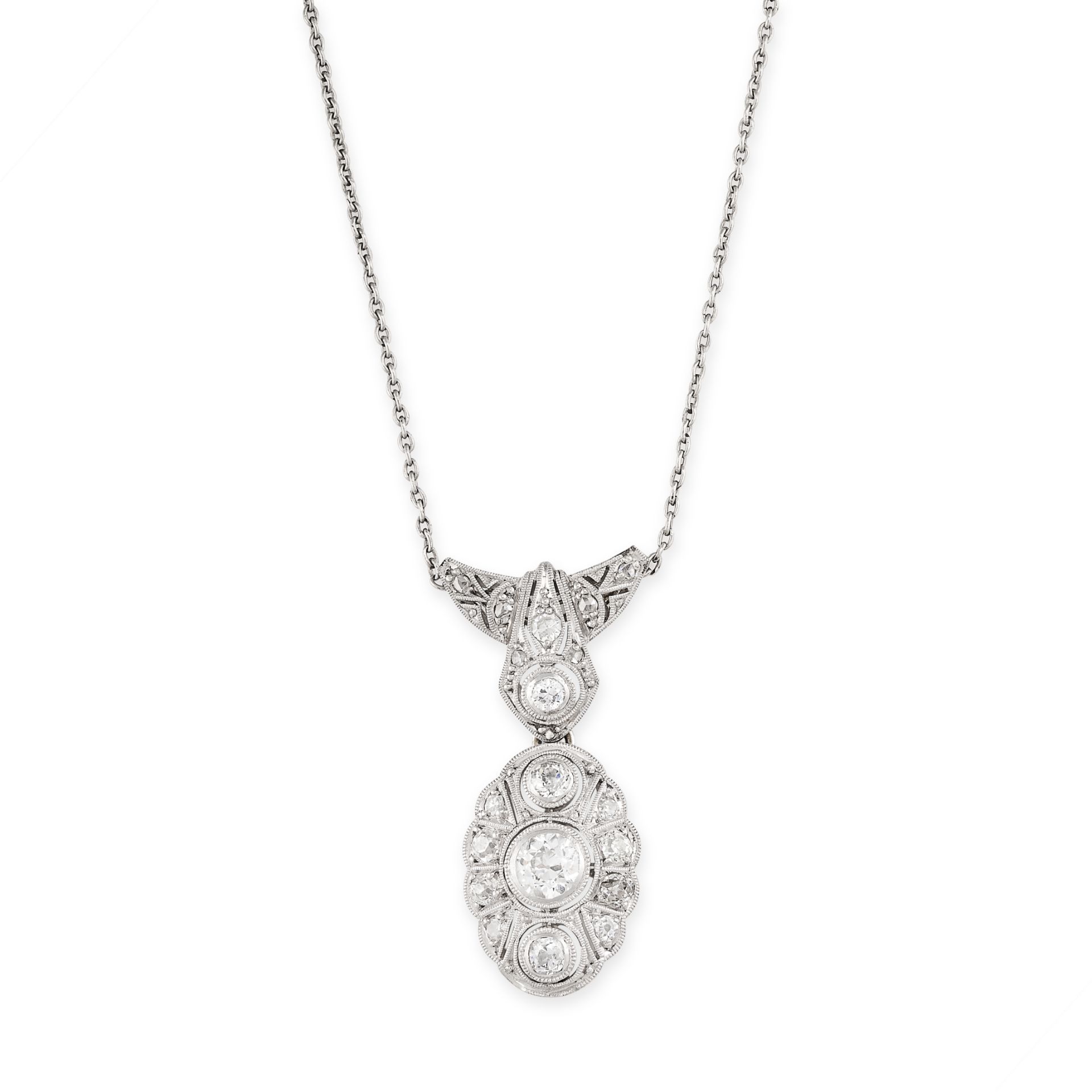 AN ART DECO DIAMOND PENDANT NECKLACE set with a trio of principal old cut diamonds, accented by