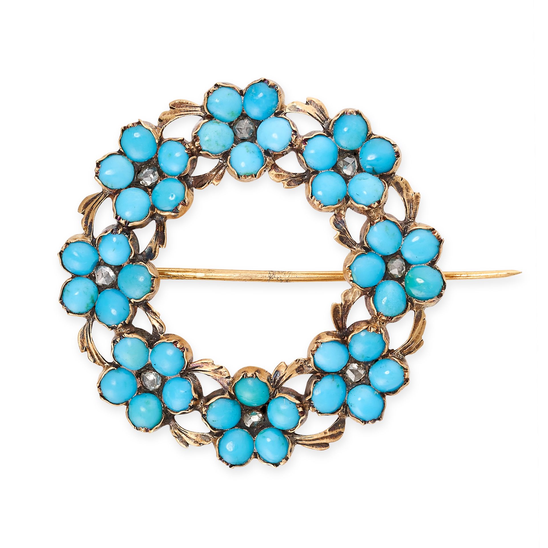 AN ANTIQUE TURQUOISE AND DIAMOND BROOCH, 19TH CENTURY in yellow gold, designed as a wreath of