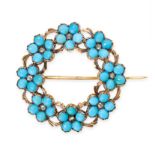 AN ANTIQUE TURQUOISE AND DIAMOND BROOCH, 19TH CENTURY in yellow gold, designed as a wreath of