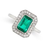 AN EMERALD AND DIAMOND DRESS RING set with an emerald cut emerald of 1.15 carats, within a border of