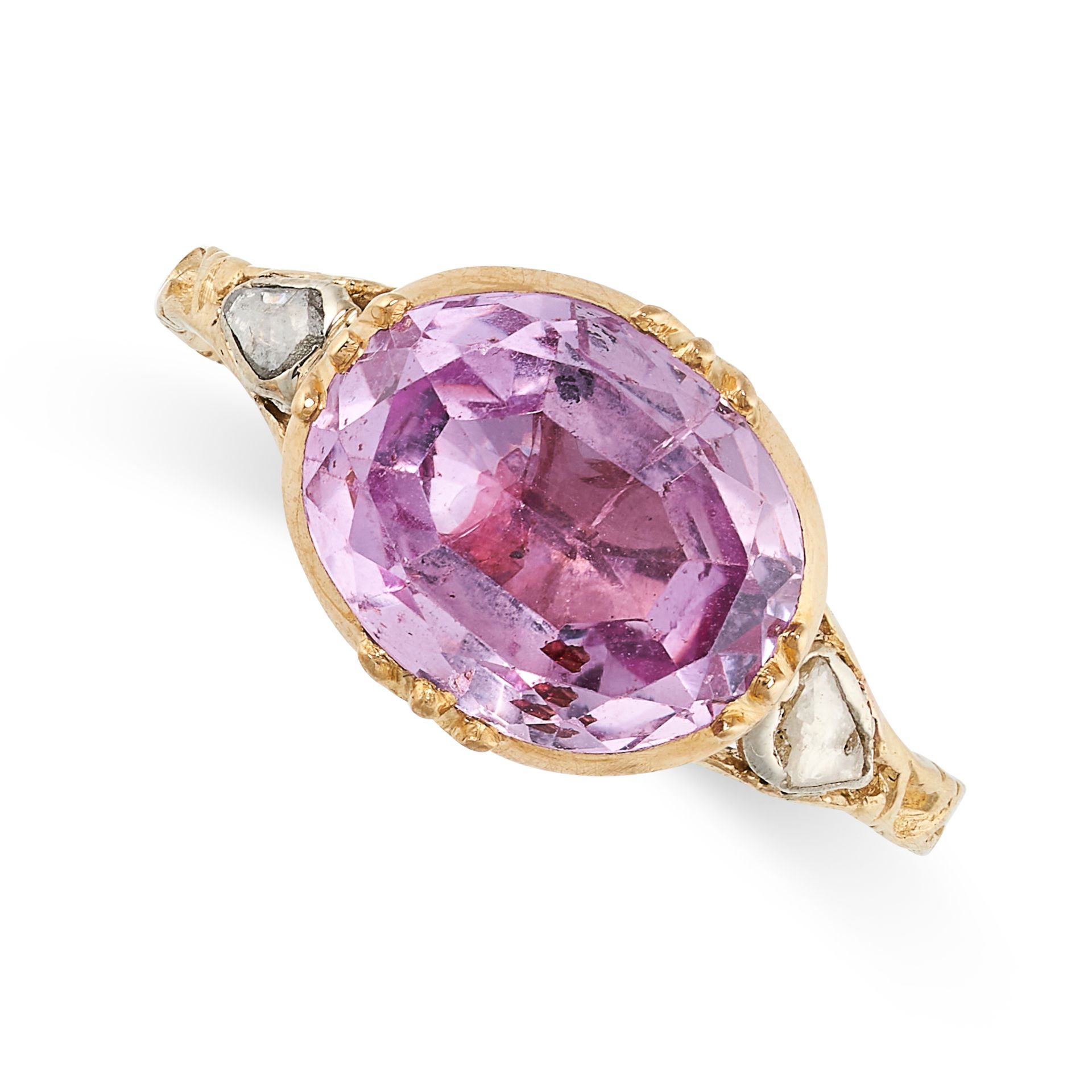 A PINK TOPAZ AND DIAMOND RING, 19TH CENTURY AND LATER in yellow gold, later converted to be a
