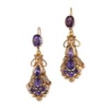 A PAIR OF ANTIQUE AMETHYST EARRINGS in yellow gold, each set with round cut, oval cut and pear cut