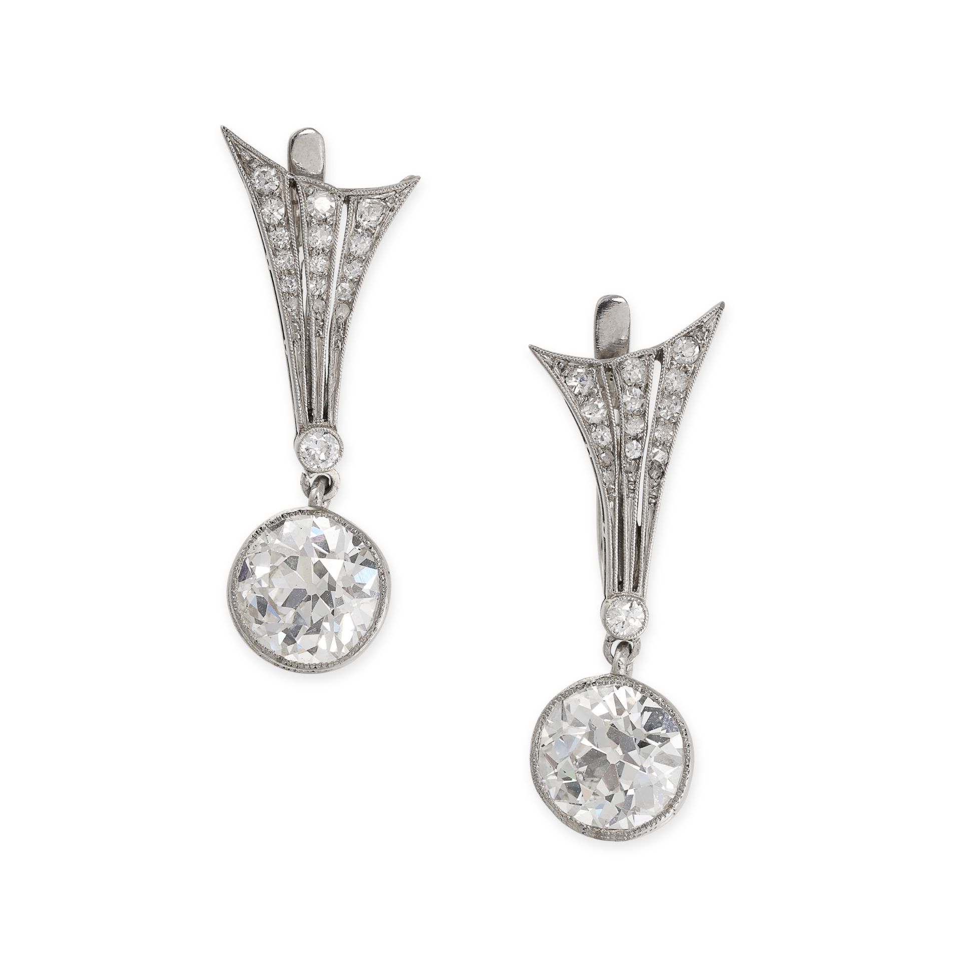 A LARGE PAIR OF DIAMOND DROP EARRINGS each set with an old European cut diamond of 3.15 and 3.11