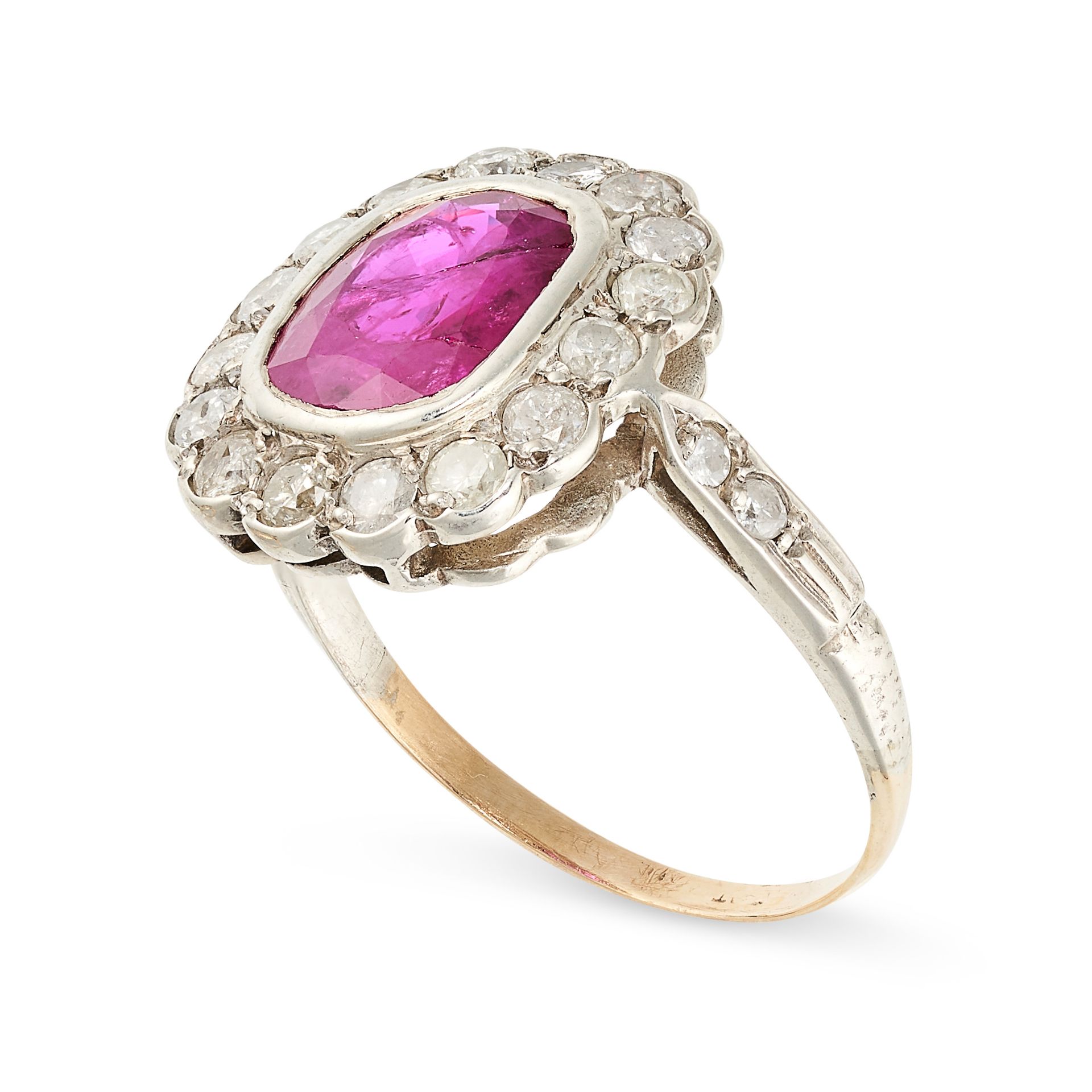 A RUBY AND DIAMOND CLUSTER RING set with a cushion cut ruby of 2.37 carats, within a border of round - Bild 2 aus 2