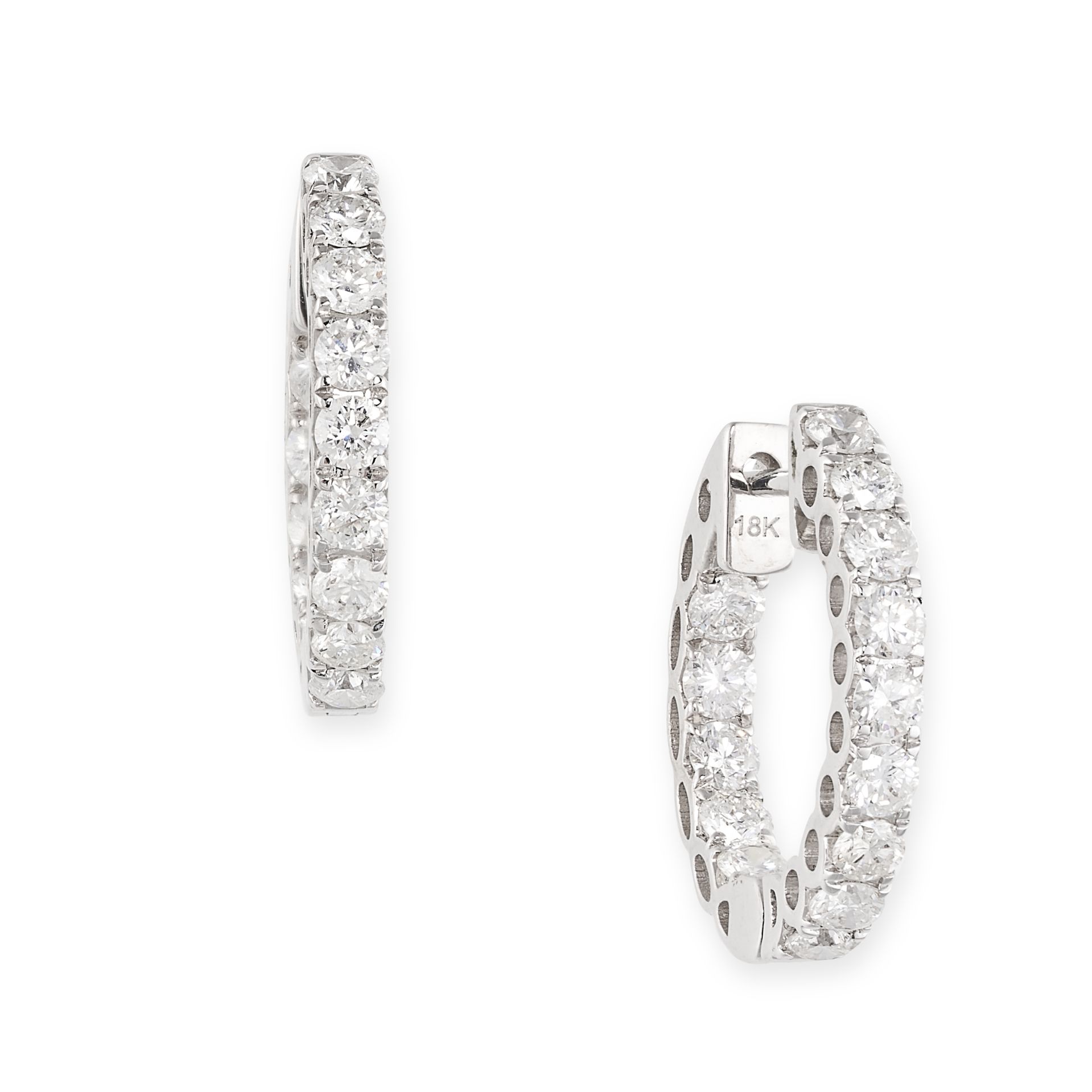 A PAIR OF DIAMOND HOOP EARRINGS in 18ct white gold, each designed as a full hoop, set with round cut