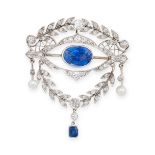 AN ANTIQUE CEYLON NO HEAT SAPPHIRE, PEARL AND DIAMOND BROOCH / PENDANT, CIRCA 1900 in platinum and