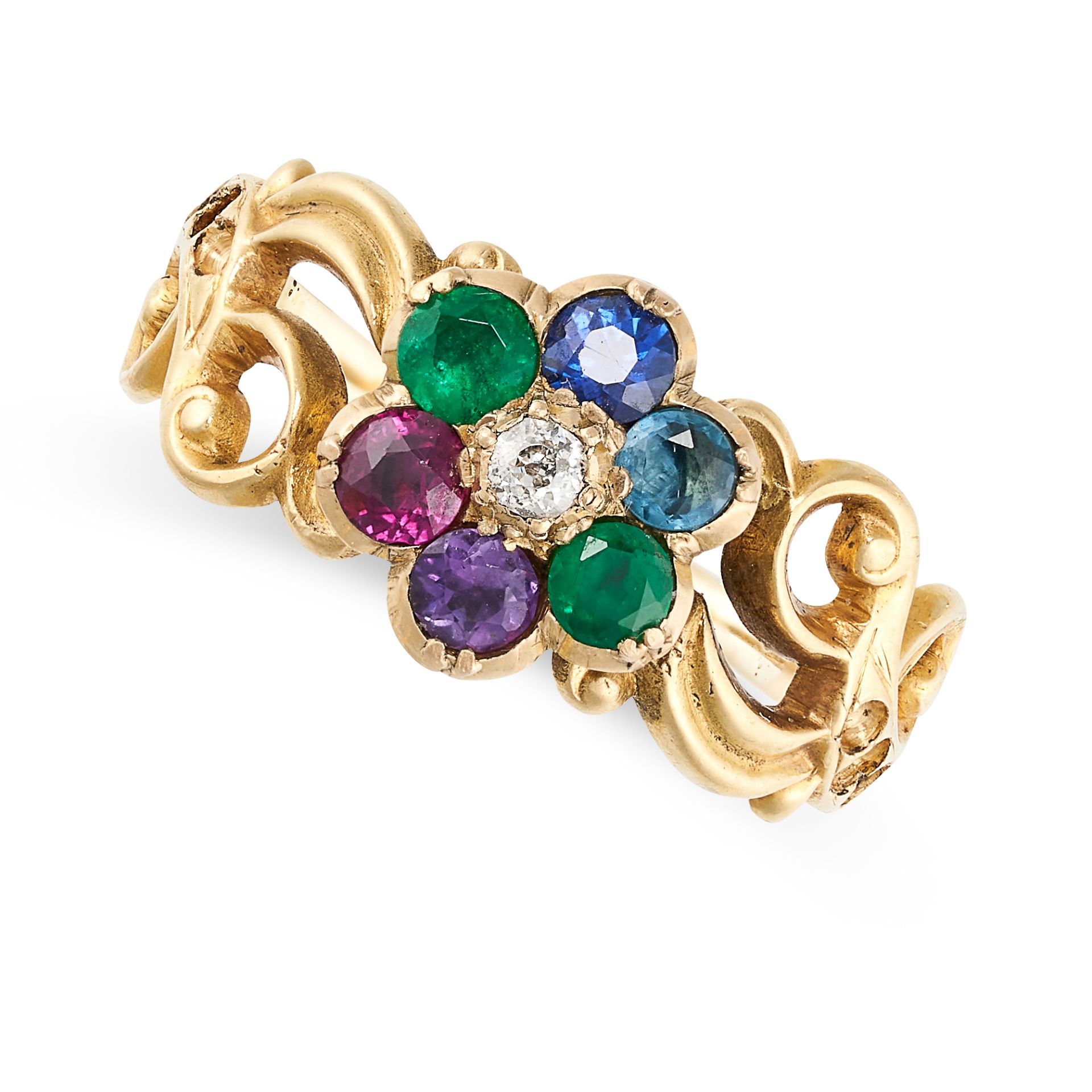 AN ANTIQUE GEMSET DEAREST RING in yellow gold, the first letter of the name of each stone spelling