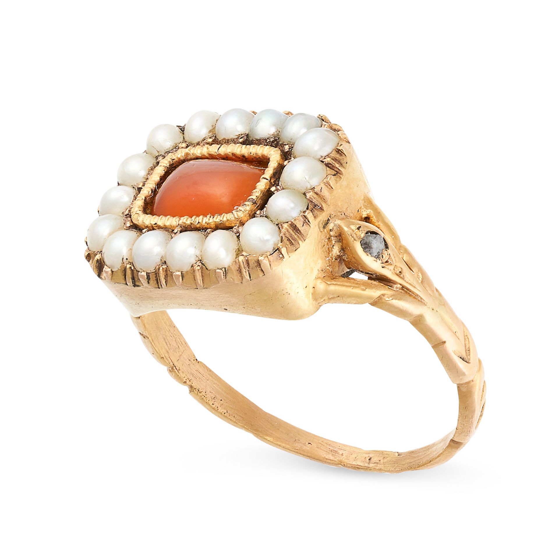 A CARNELIAN, PEARL AND DIAMOND RING in yellow gold, set with a cushion shaped cabochon carnelian - Image 2 of 2