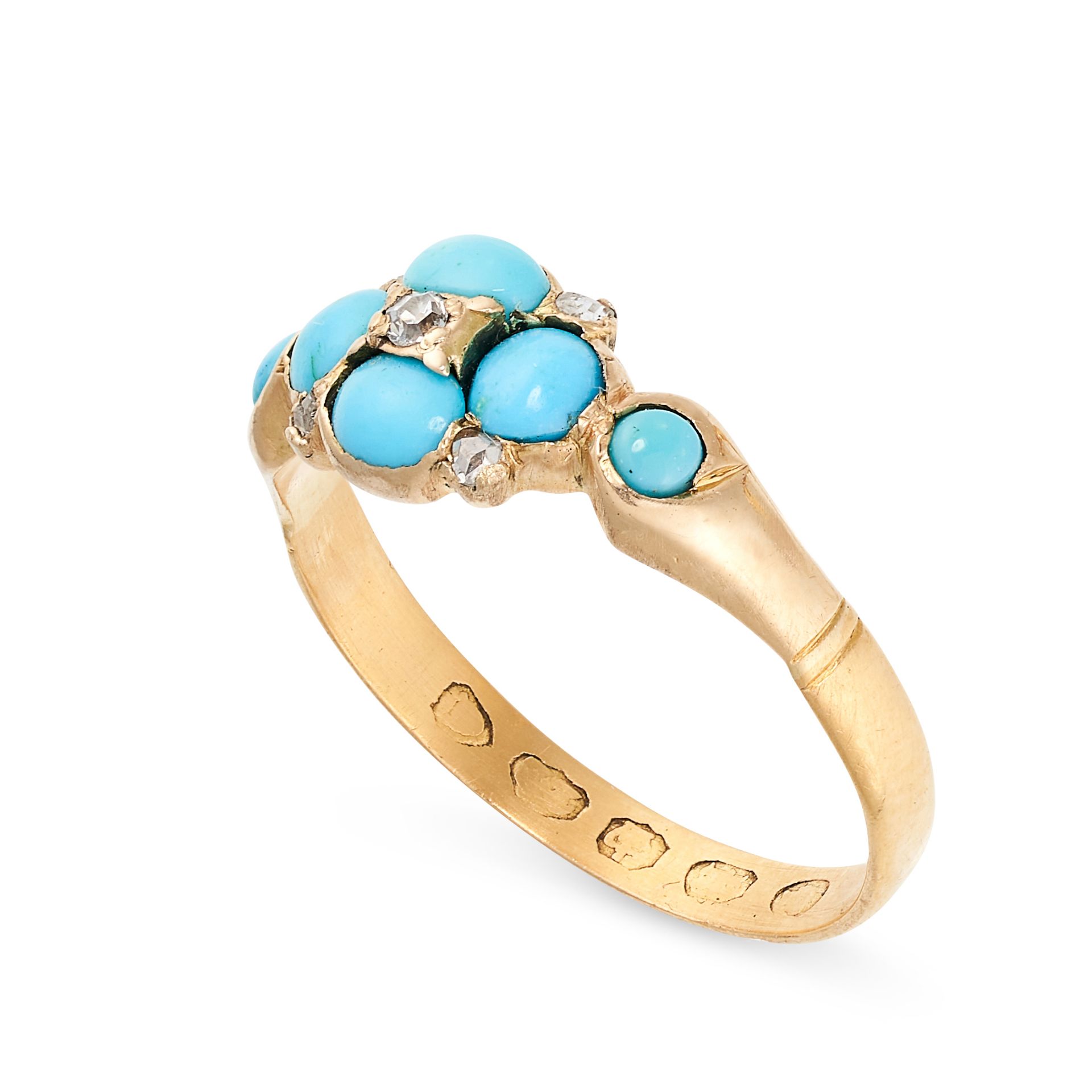 AN ANTIQUE VICTORIAN TURQUOISE AND DIAMOND RING, 1871 in 22ct yellow gold, set with cabochon - Bild 2 aus 2