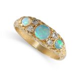 AN OPAL AND DIAMOND RING in 18ct yellow gold, set with a trio of graduated round cabochon opals