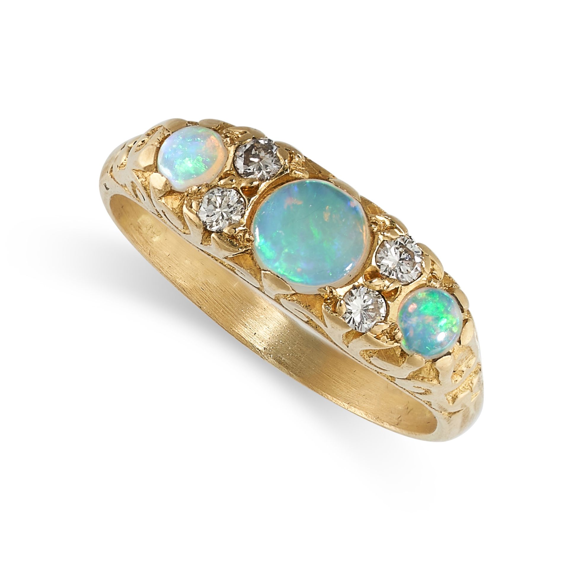 AN OPAL AND DIAMOND RING in 18ct yellow gold, set with a trio of graduated round cabochon opals