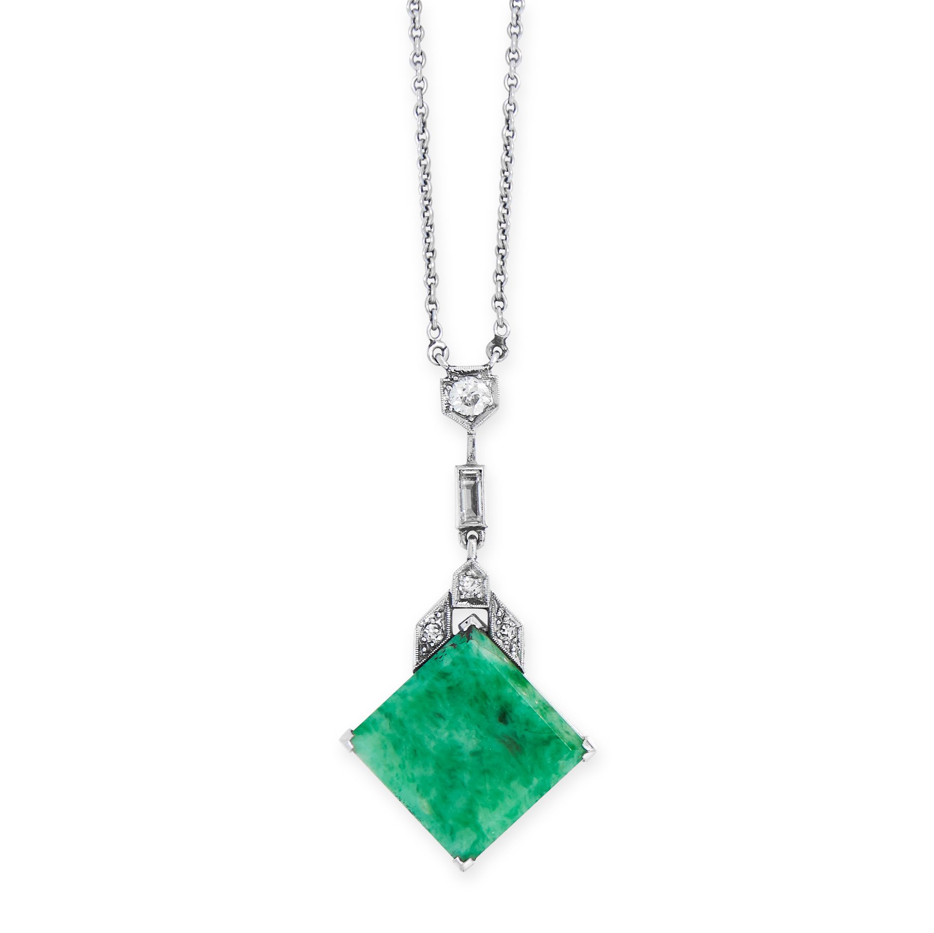 A JADEITE JADE AND DIAMOND PENDANT NECKLACE, EARLY 20TH CENTURY set with a square jadeite cabochon