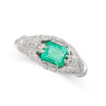 AN EMERALD AND DIAMOND RING in platinum, set with an emerald cut emerald of 1.19 carats accented