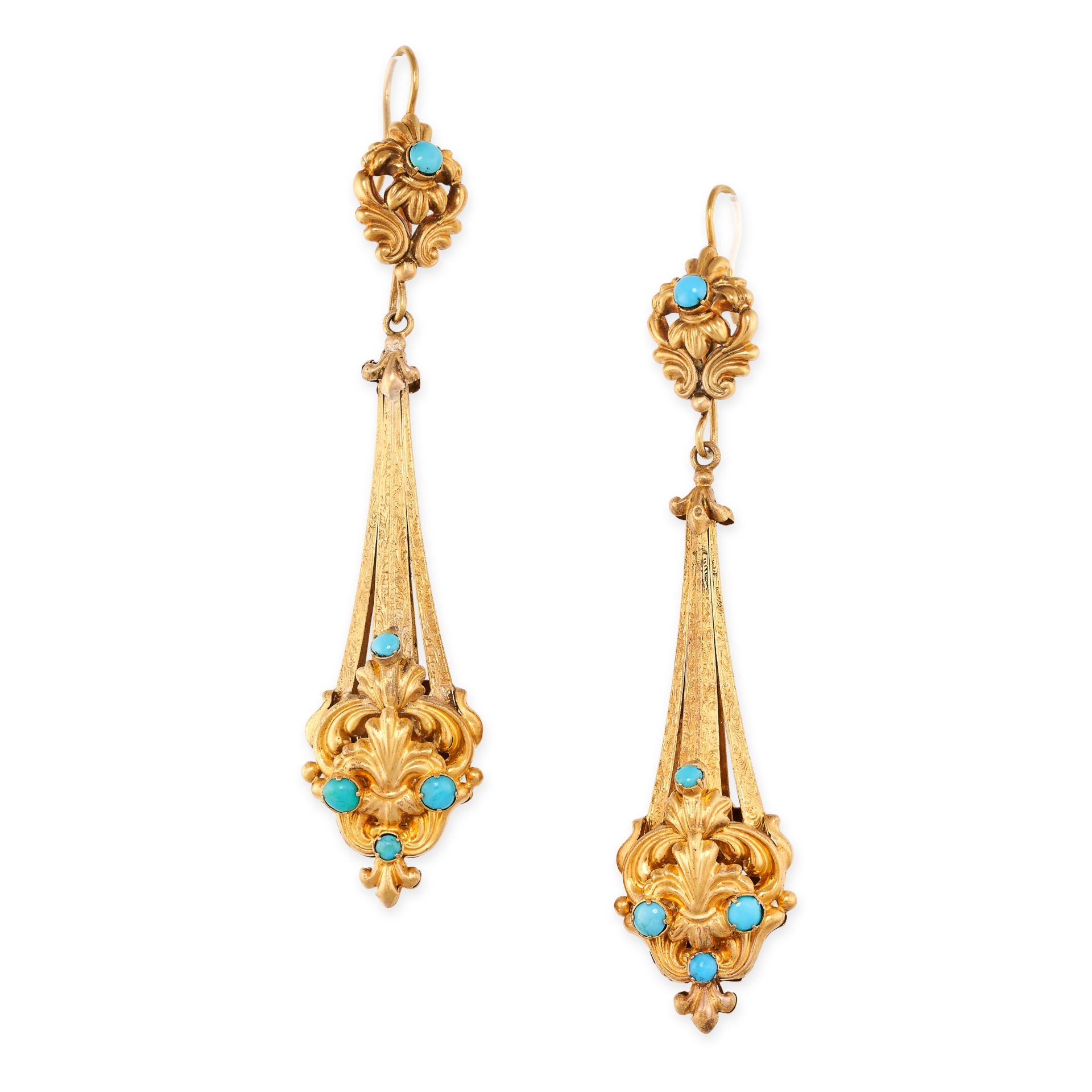 A PAIR OF ANTIQUE TURQUOISE EARRINGS, 19TH CENTURY in yellow gold, the tapering bodies set with