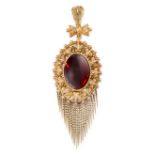 AN ANTIQUE GARNET MOURNING LOCKET AND TASSEL PENDANT, 19TH CENTURY in yellow gold, in the Etruscan