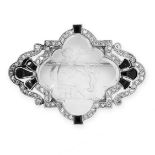 A FRENCH ART DECO ROCK CRYSTAL, ONYX AND DIAMOND BROOCH in platinum, set with a piece of rock