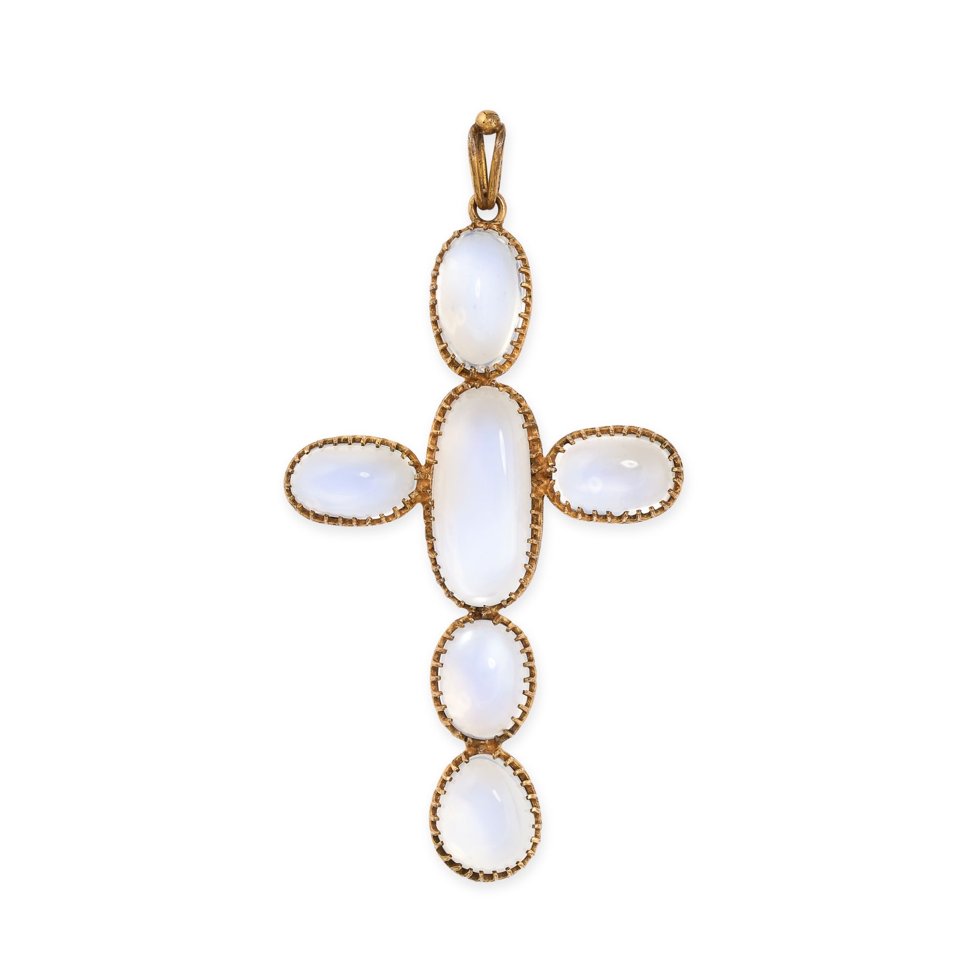 AN ANTIQUE MOONSTONE CROSS PENDANT in yellow gold, set with six oval cabochon moonstones, no assay
