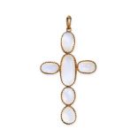 AN ANTIQUE MOONSTONE CROSS PENDANT in yellow gold, set with six oval cabochon moonstones, no assay