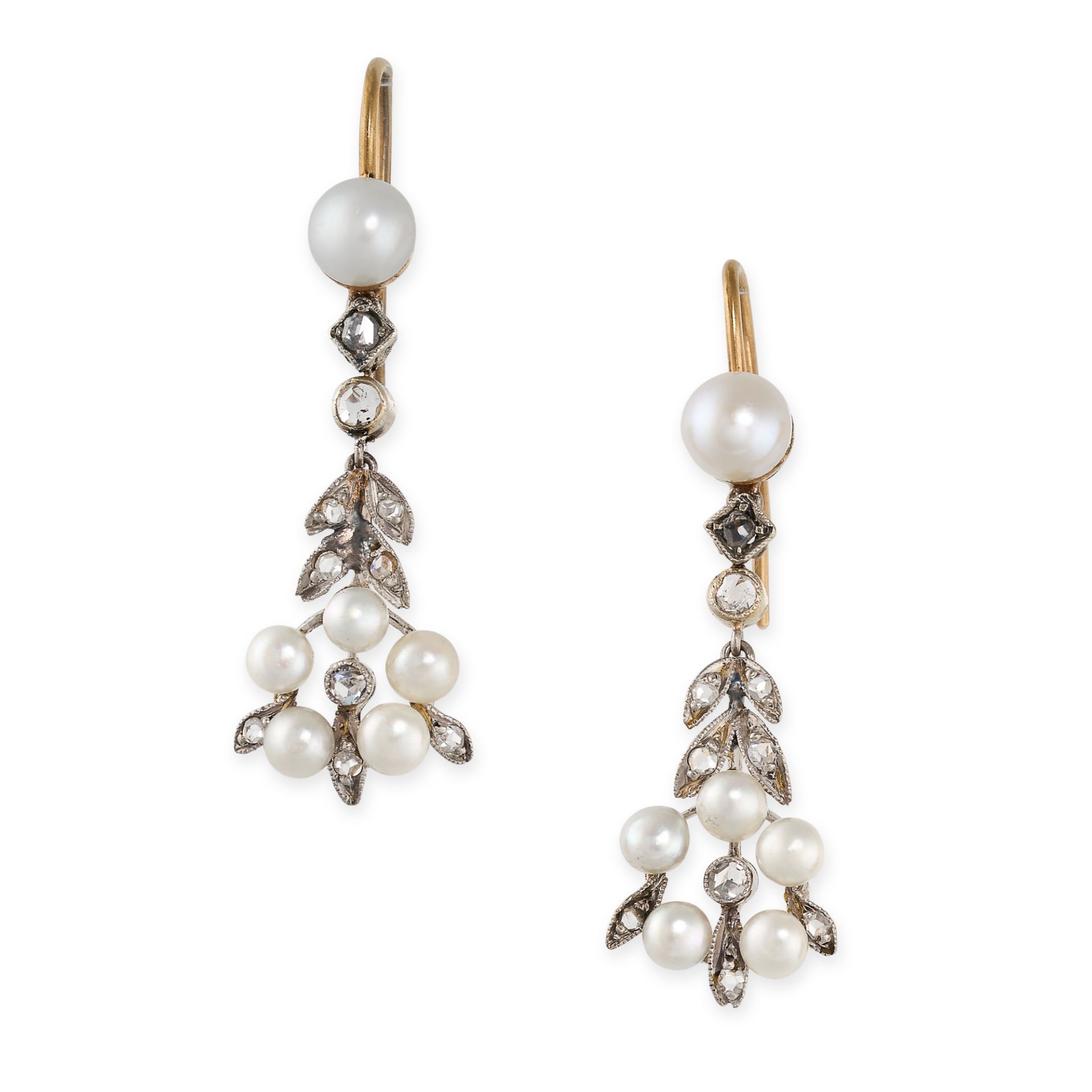 A PAIR OF PEARL AND DIAMOND EARRINGS, EARLY 20TH CENTURY in yellow gold and platinum, each set
