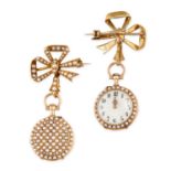 AN ANTIQUE PEARL FOB WATCH BROOCH in 18ct yellow gold, the circular white dial with Arabic numerals,