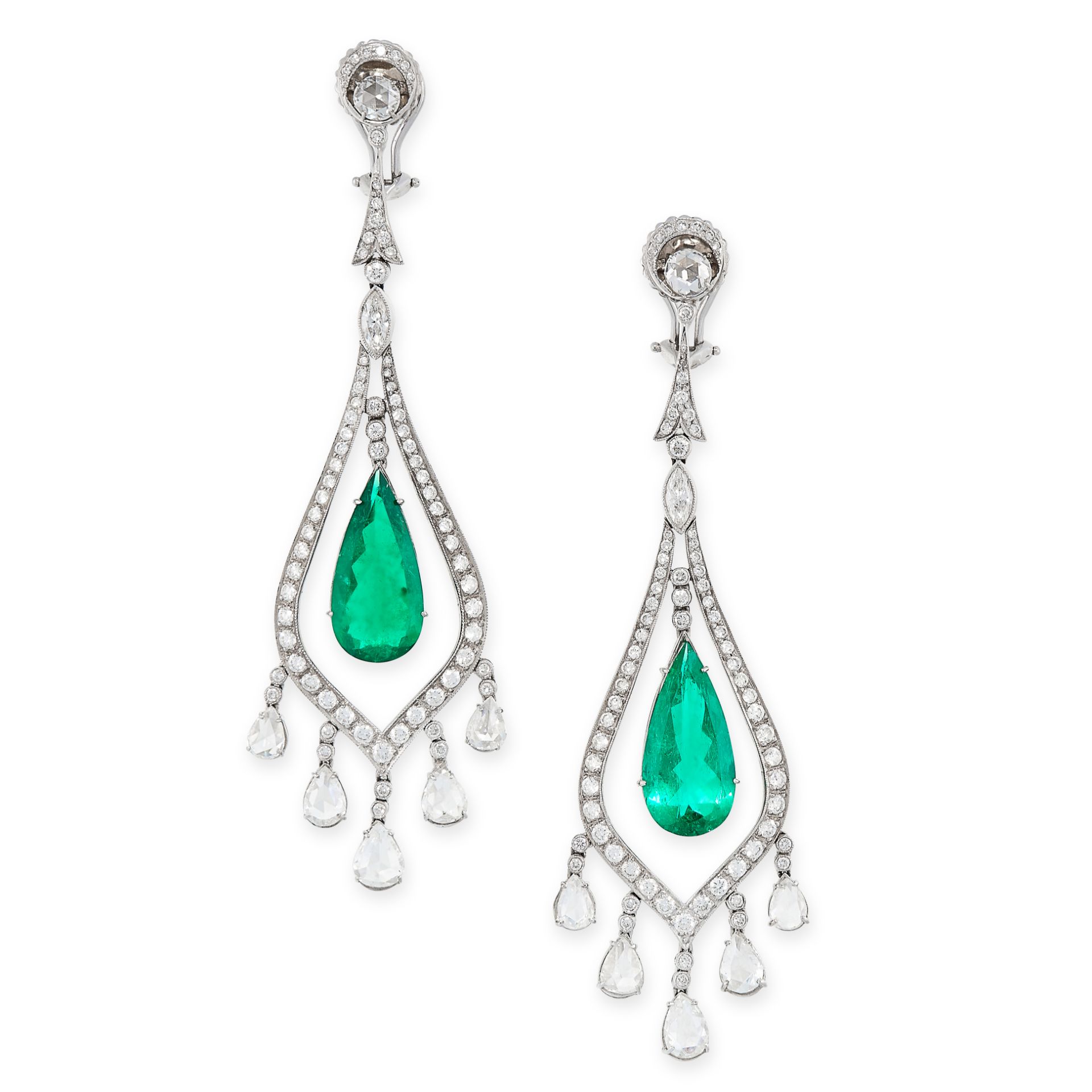 A PAIR OF COLOMBIAN EMERALD AND DIAMOND EARRINGS in white gold, each set with a pear cut emerald,