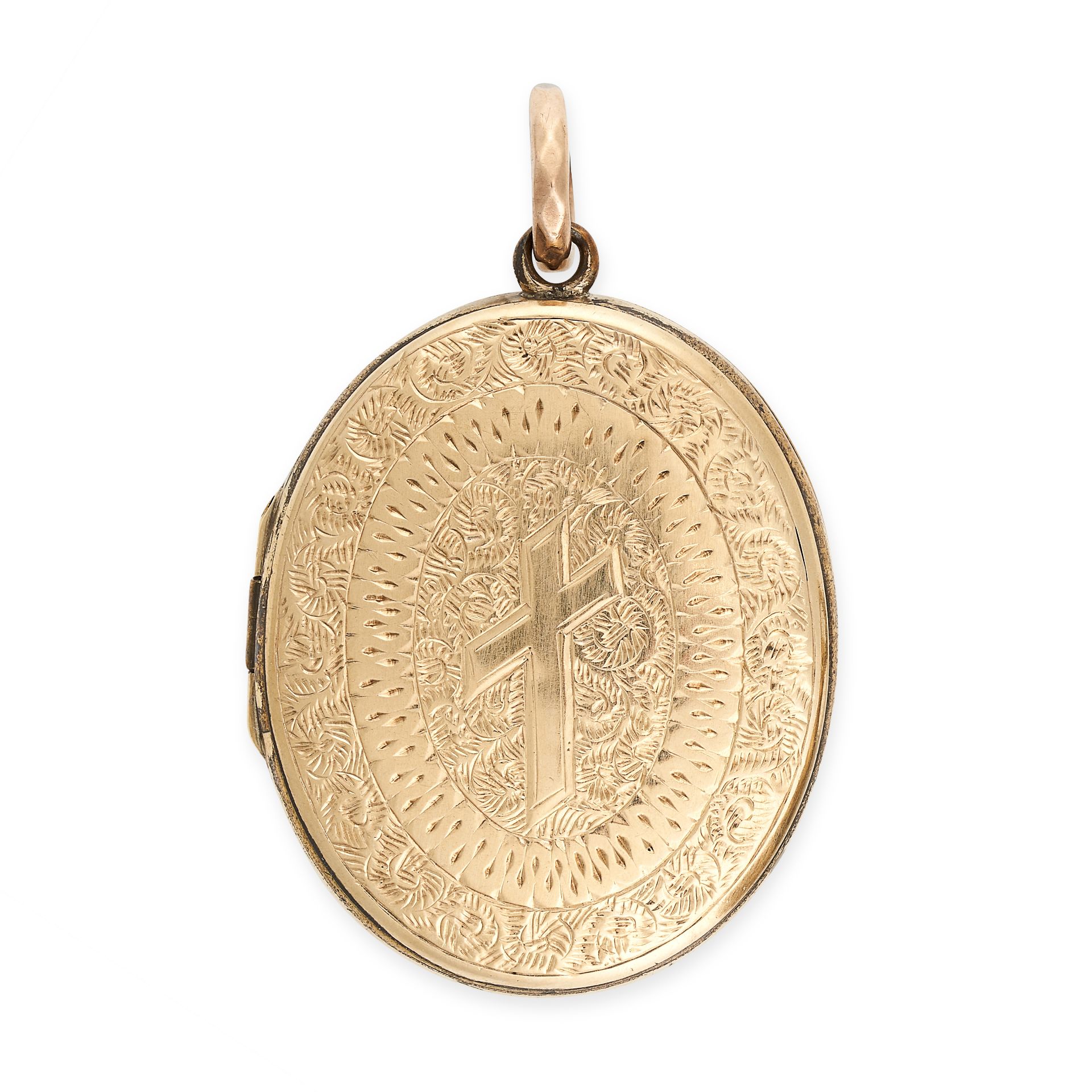 AN ANTIQUE HAIRWORK MOURNING LOCKET PENDANT the hinged oval body with engraved decoration to the
