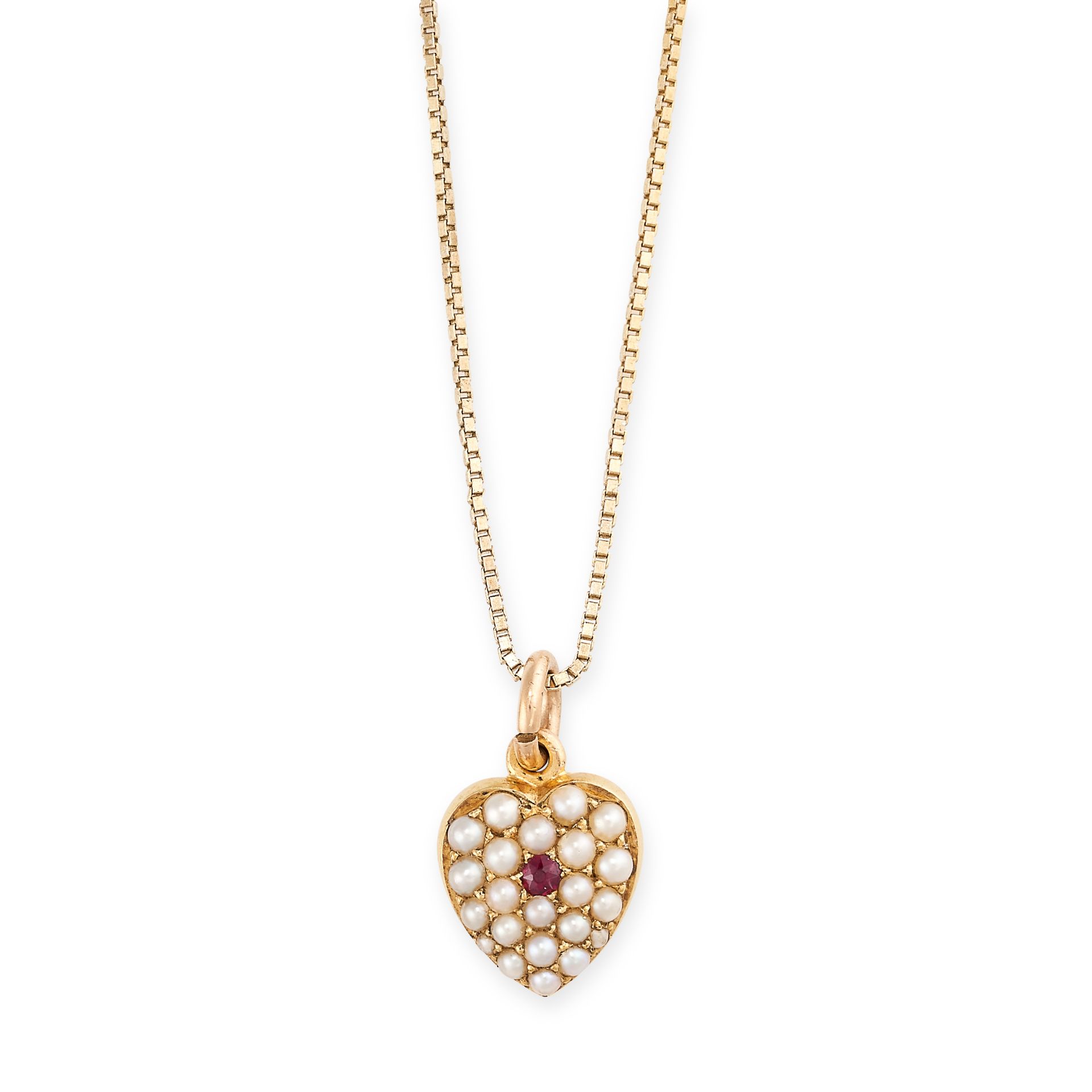 A RUBY AND PEARL HEART PENDANT AND CHAIN in 18ct yellow gold, the pendant set with a round cut