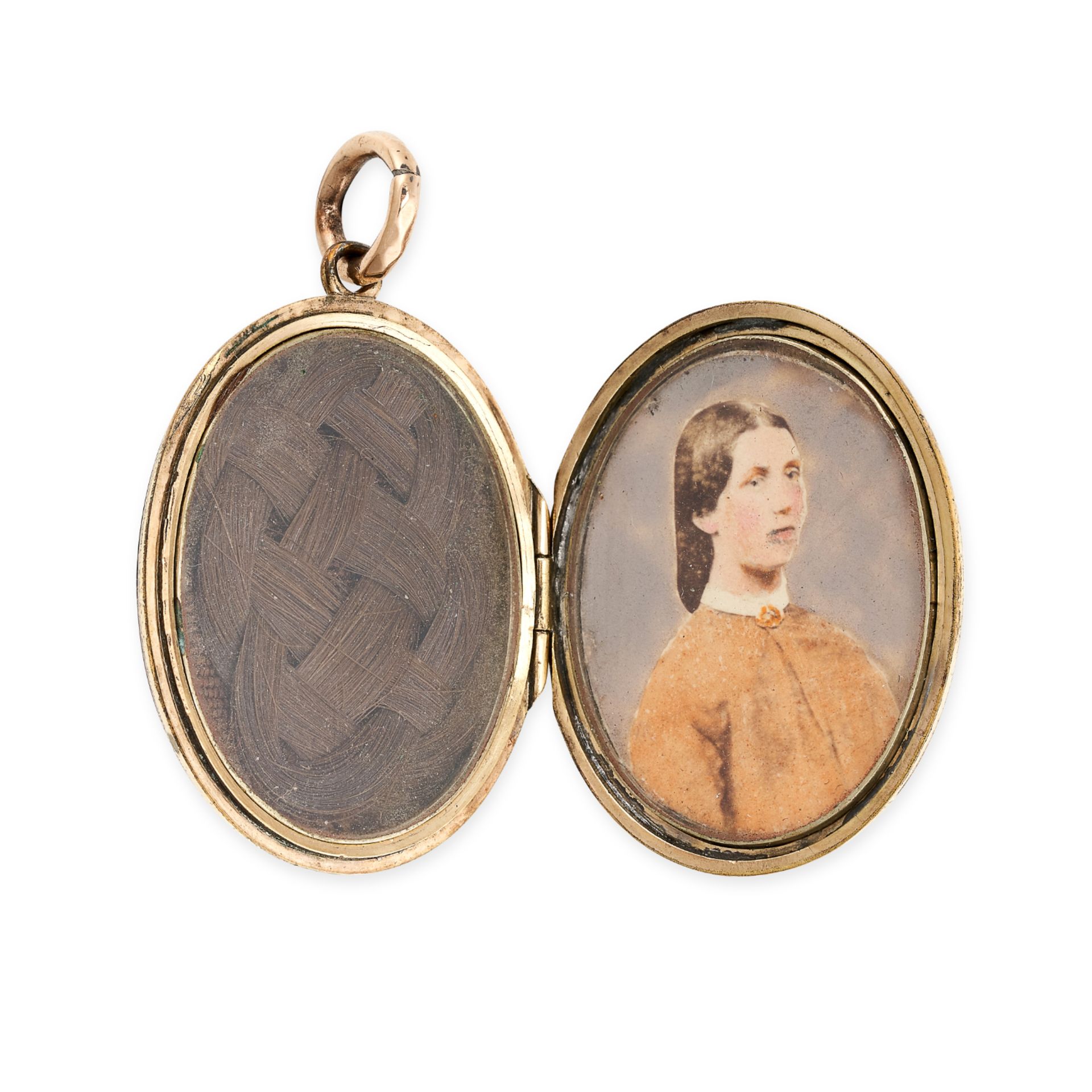 AN ANTIQUE HAIRWORK MOURNING LOCKET PENDANT the hinged oval body with engraved decoration to the - Image 2 of 2