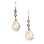 A PAIR OF PEARL AND DIAMOND DROP EARRINGS each set with a drop shaped pearl of 6.9mm and 6.4mm,