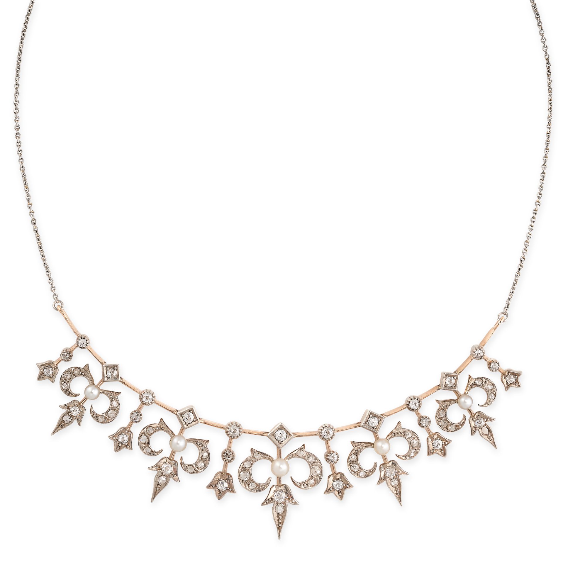 AN ANTIQUE DIAMOND AND PEARL NECKLACE designed as a series of graduated fleur-de-lis motifs,