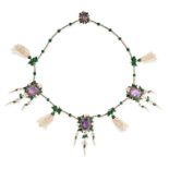 AN EXQUISITE ANTIQUE AMETHYST, ENAMEL AND PEARL NECKLACE in 18ct yellow gold, set with oval cut
