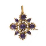 AN ANTIQUE AMETHYST AND PEARL CROSS PENDANT / BROOCH in yellow gold, set with round cut and oval cut