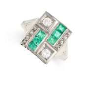 A GEOMETRIC EMERALD AND DIAMOND RING